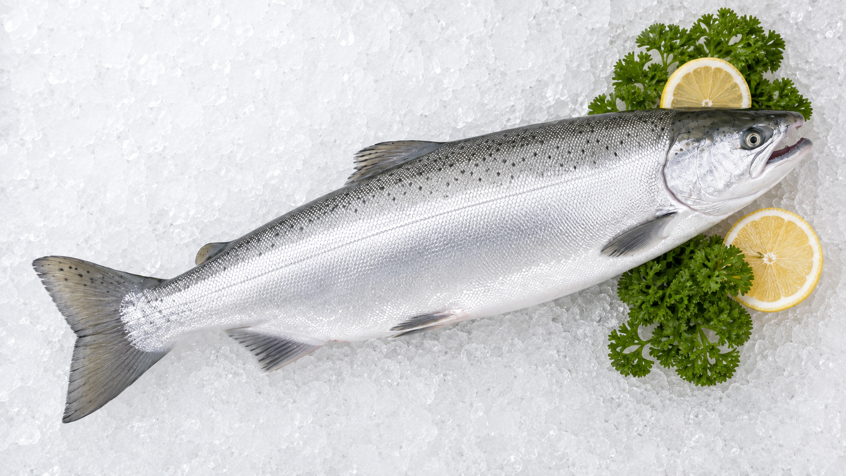 Silver salmon recipe featuring fresh wild coho salmon on crushed ice with lemon and parsley.