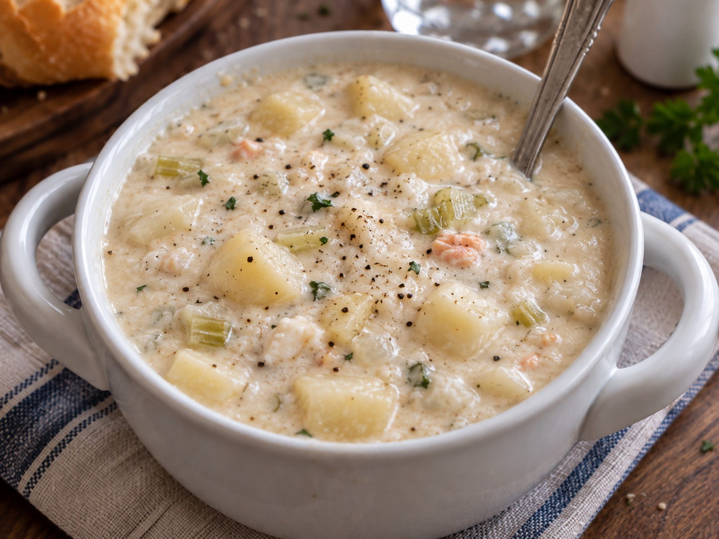 Alaskan seafood chowder recipe with salmon, halibut, potatoes, bacon, and herbs in a creamy broth.